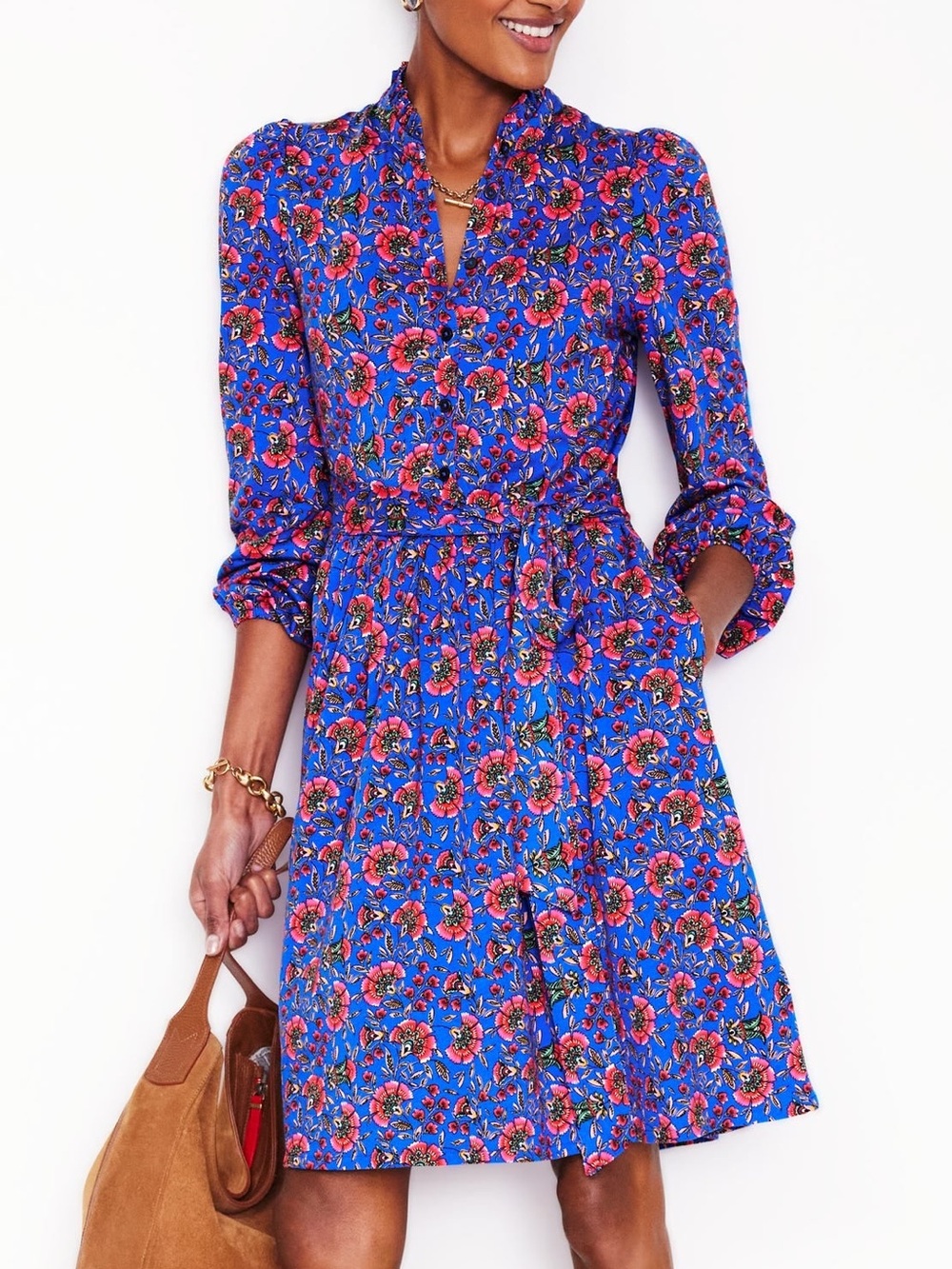 Boden Size 8P Blue & Pink Floral Willow Frill Long-Sleeve Belted Dress